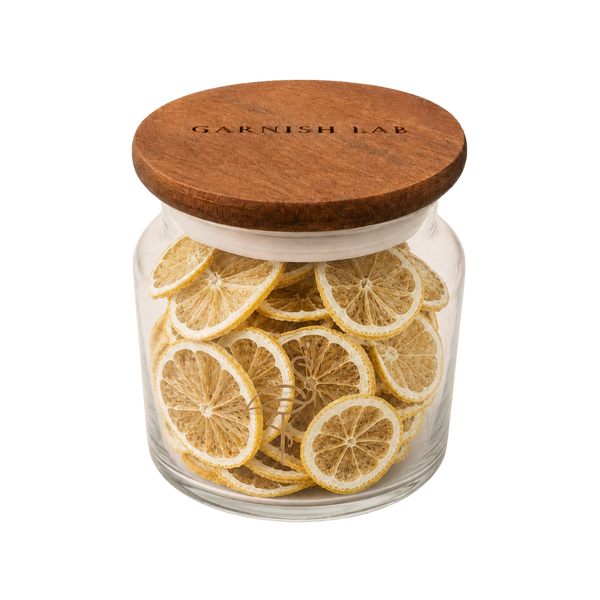 Dried lemon wheels for cocktails, sliced thin and dried slow in West Palm Beach by Garnish Lab