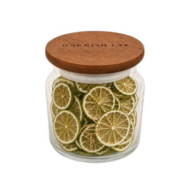 Dried lime wheels for cocktails, sliced thin and dried slow in West Palm Beach by Garnish Lab