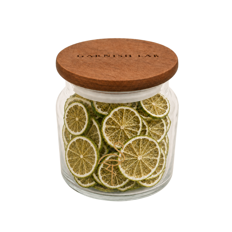 Dried lime wheels for cocktails, sliced thin and dried slow in West Palm Beach by Garnish Lab